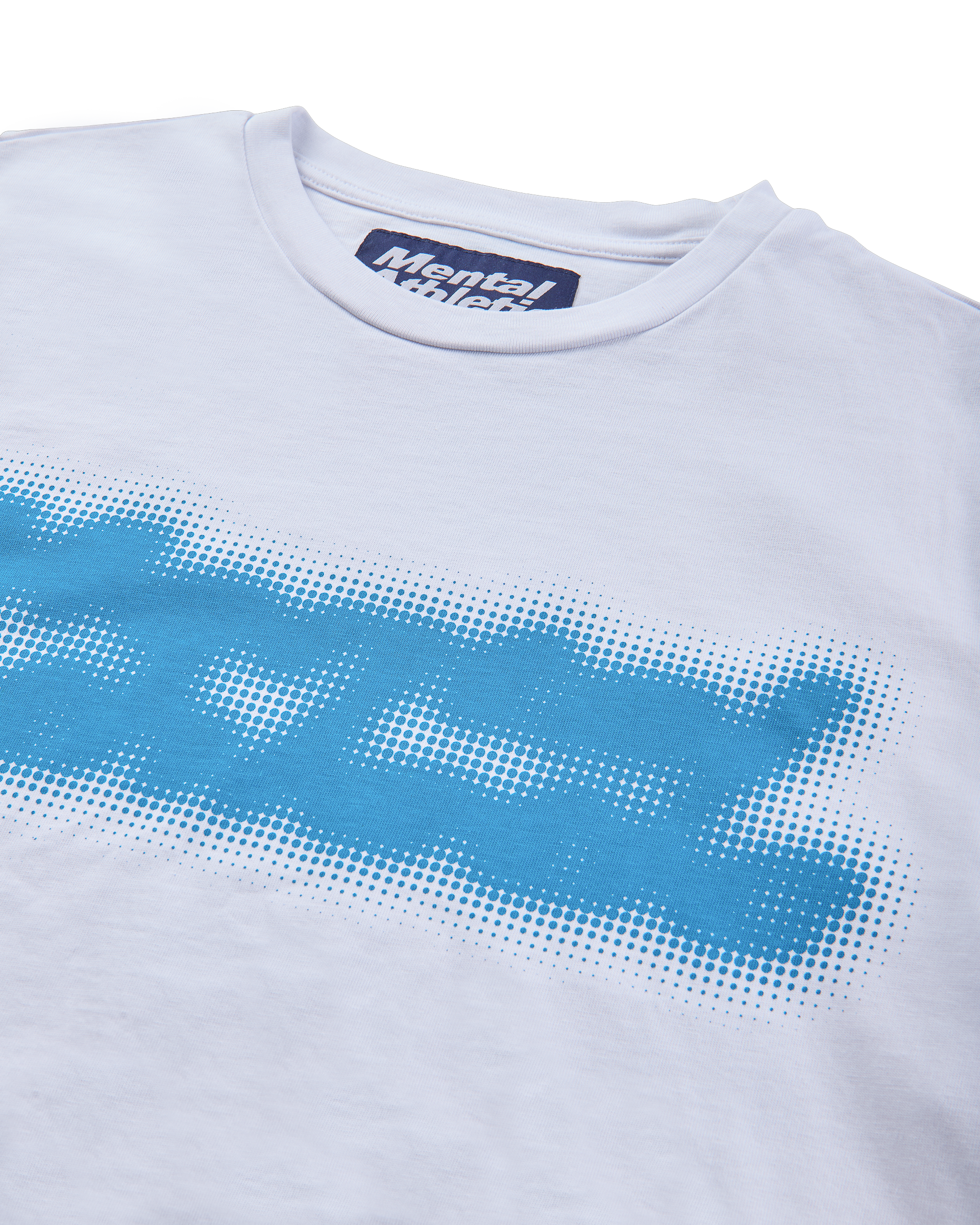 Mental Athletic white cotton t-shirt detail of collar and blue screenprint graphic.