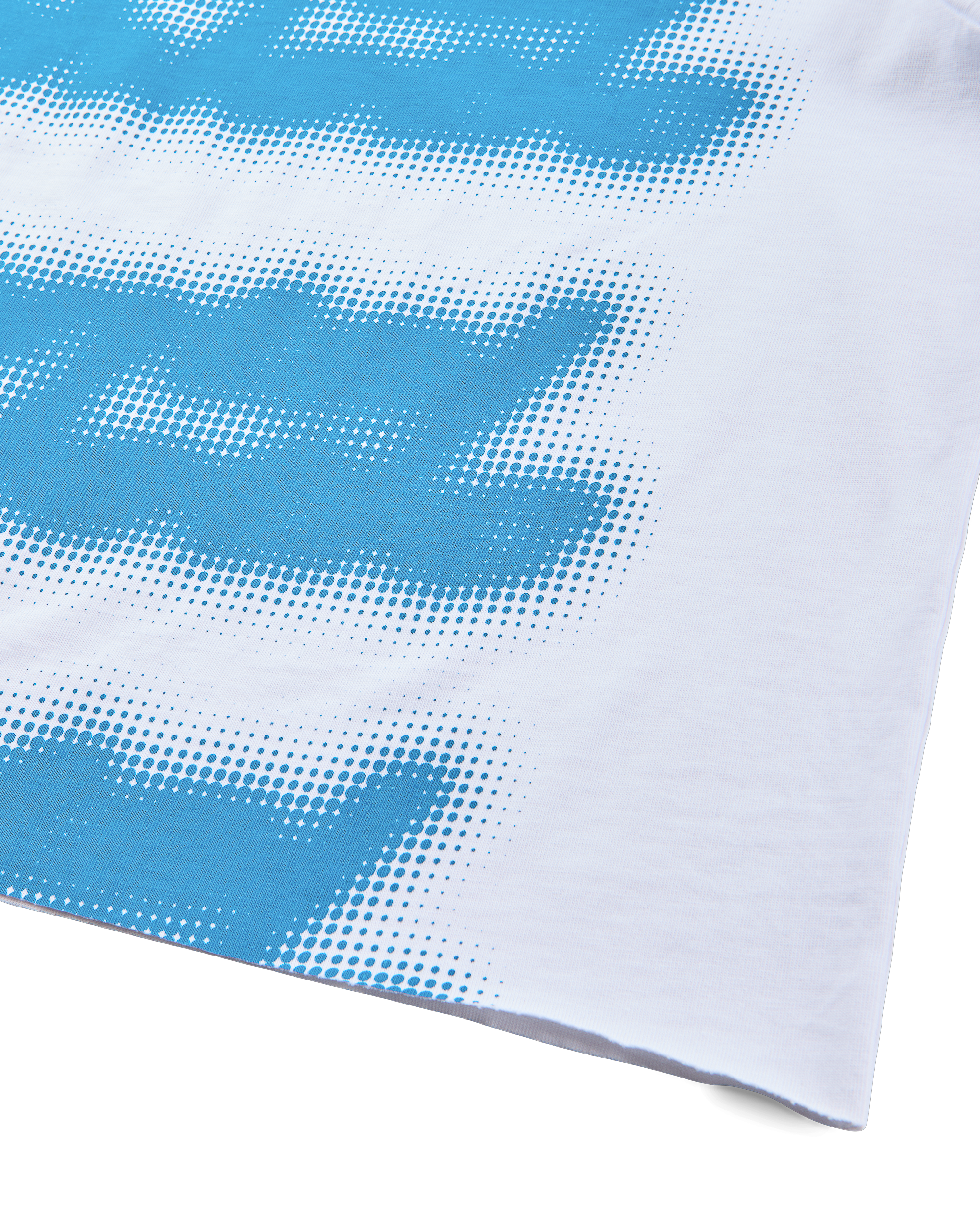Mental Athletic white cotton t-shirt close-up of blue screenprint graphic and hem.