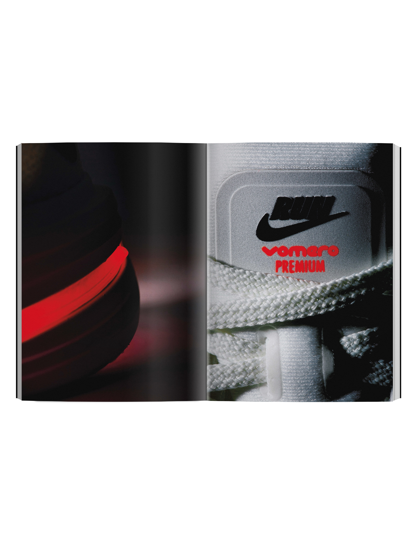 Book spread featuring Nike Vomero Premium imagery with bold visual contrast.