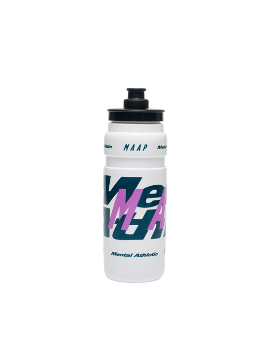 Mental Athletic x MAAP white 750ml bottle with blue, purple and black graphics, full front view.