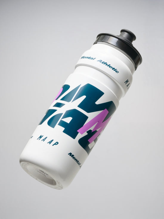 Mental Athletic x MAAP white 750ml bottle with graphic print, angled front view.