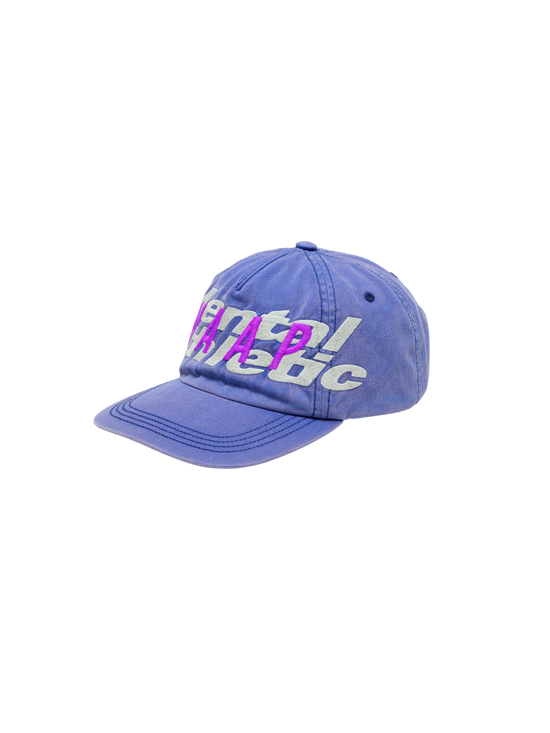 Mental Athletic x MAAP blue five-panel twill cap with purple and green embroidered logo, front view.