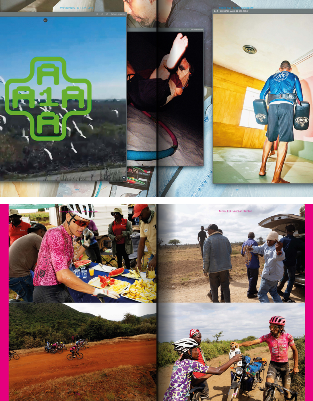 Photo collage from Mental Athletic Issue 4 including shots from Bandit Grand Prix, Oakland collective A.F.A.I.C., and Mount Cameroon Race of Hope.