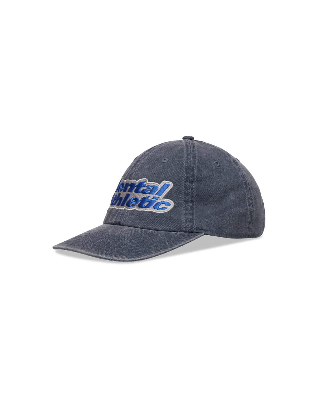 Mental Athletic washed blue cotton cap with blue logo embroidery, angled front view.