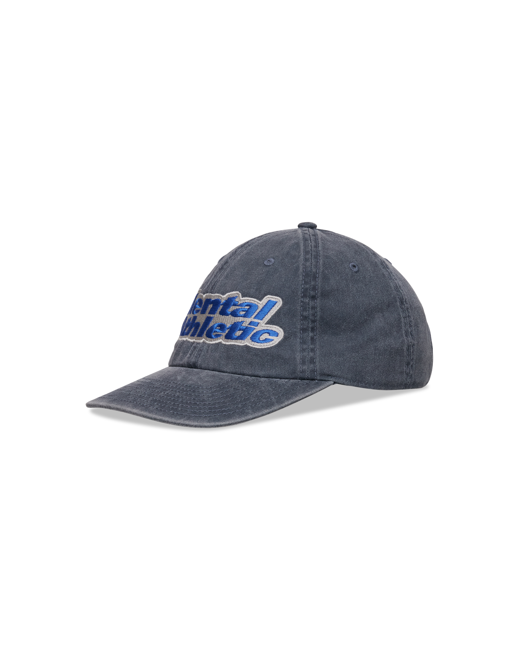 Mental Athletic washed blue cotton cap with blue logo embroidery, angled front view.