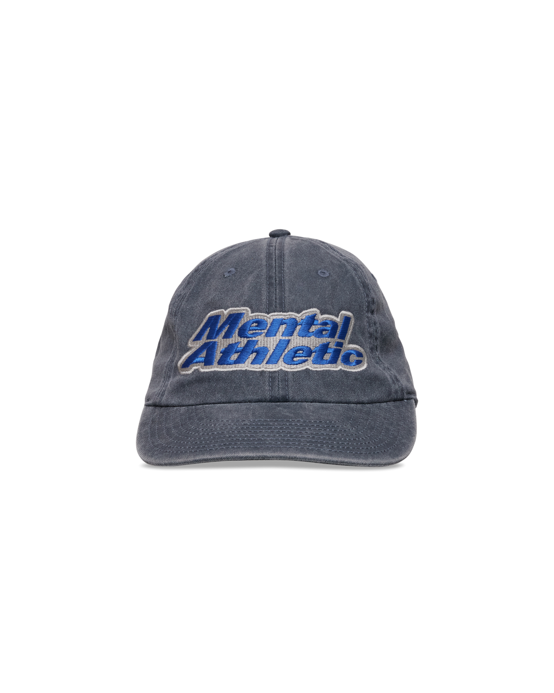 Mental Athletic washed blue cotton cap with blue embroidered logo, front view.