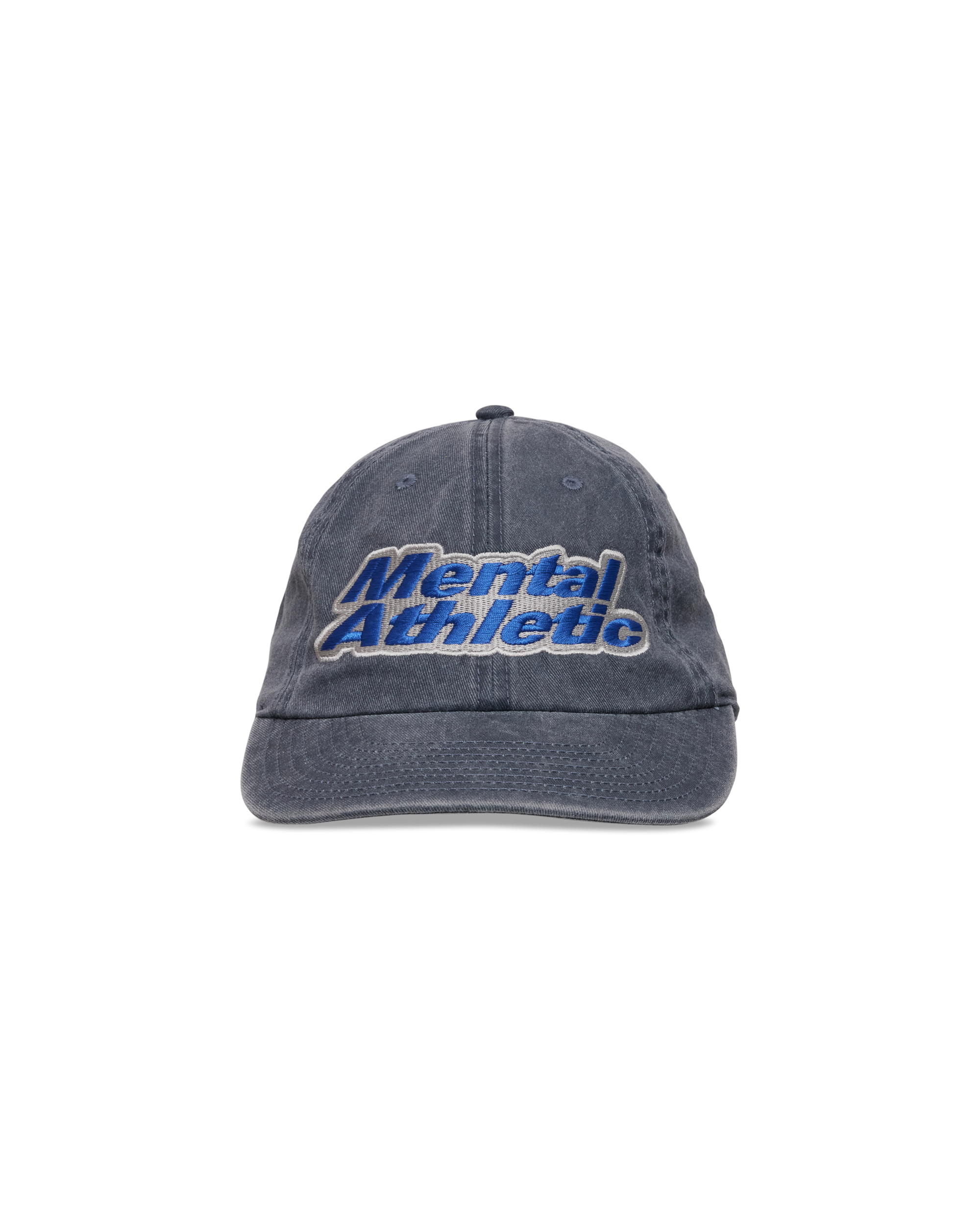 Mental Athletic washed blue cotton cap with blue embroidered logo, front view.