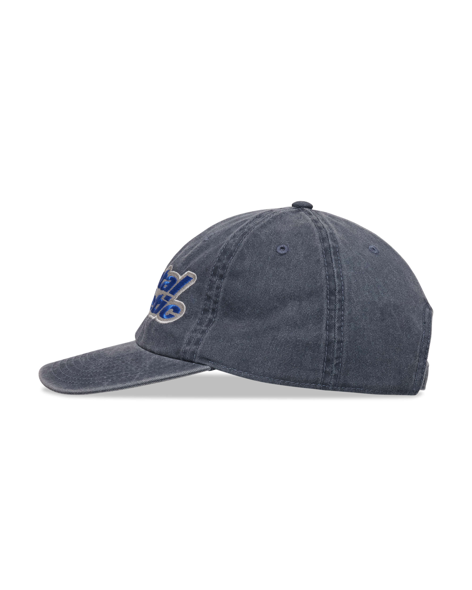 Mental Athletic washed blue cotton cap, side profile view.