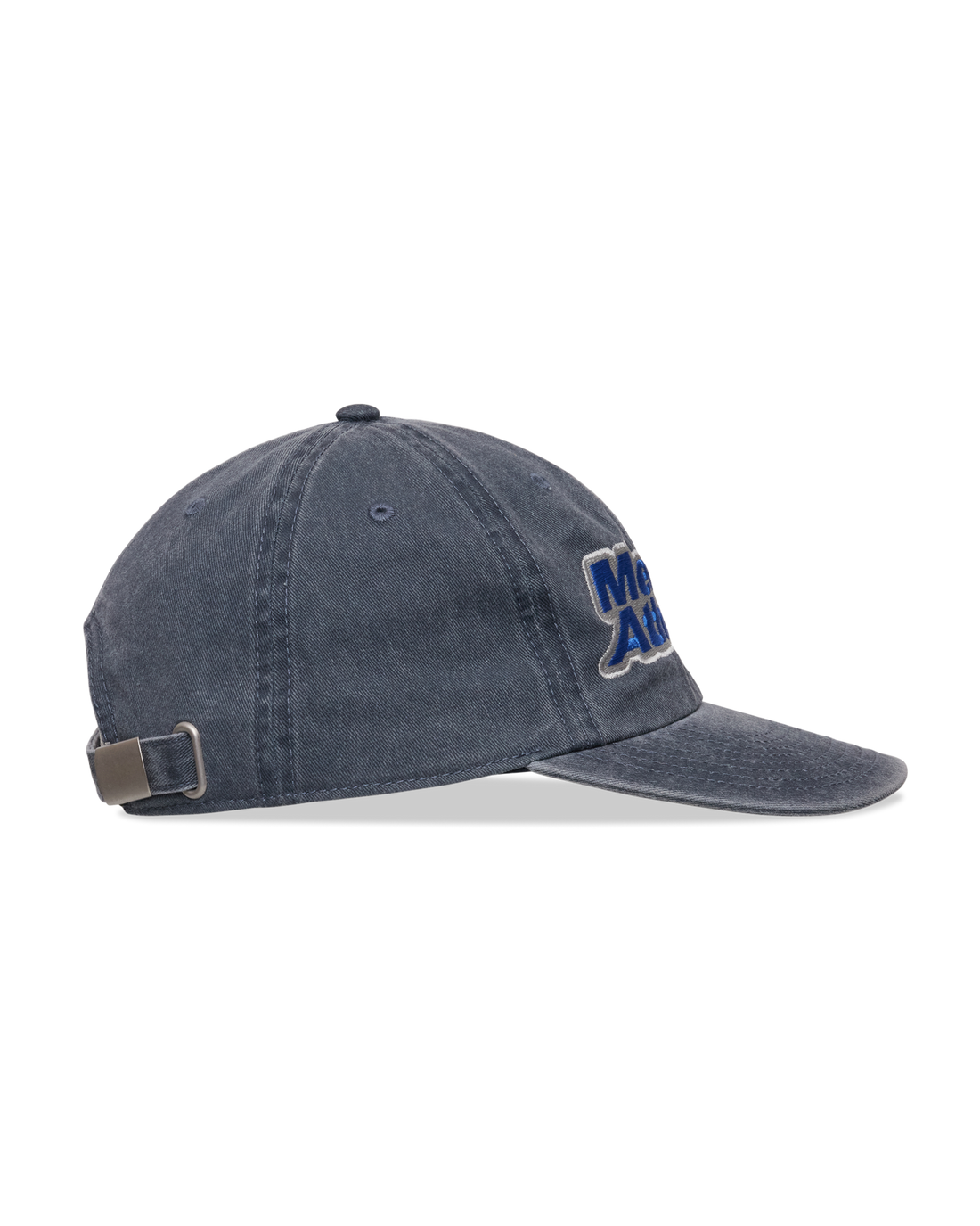 Mental Athletic washed blue cotton cap, side detail with blue embroidered logo.
