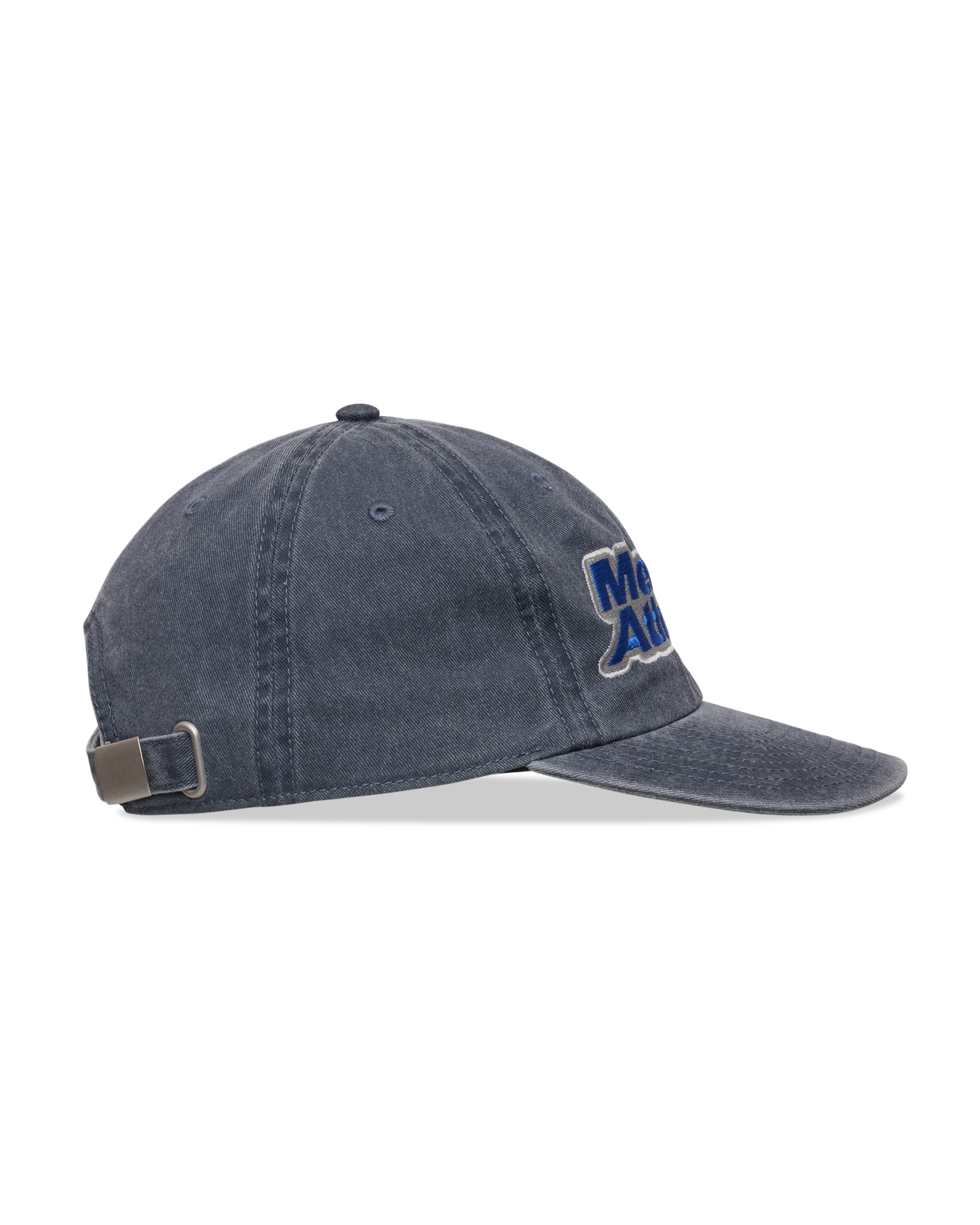 Mental Athletic washed blue cotton cap, side detail with blue embroidered logo.