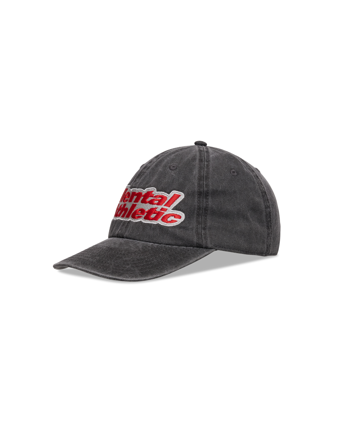 Mental Athletic washed black cotton cap with red logo embroidery, angled front view.