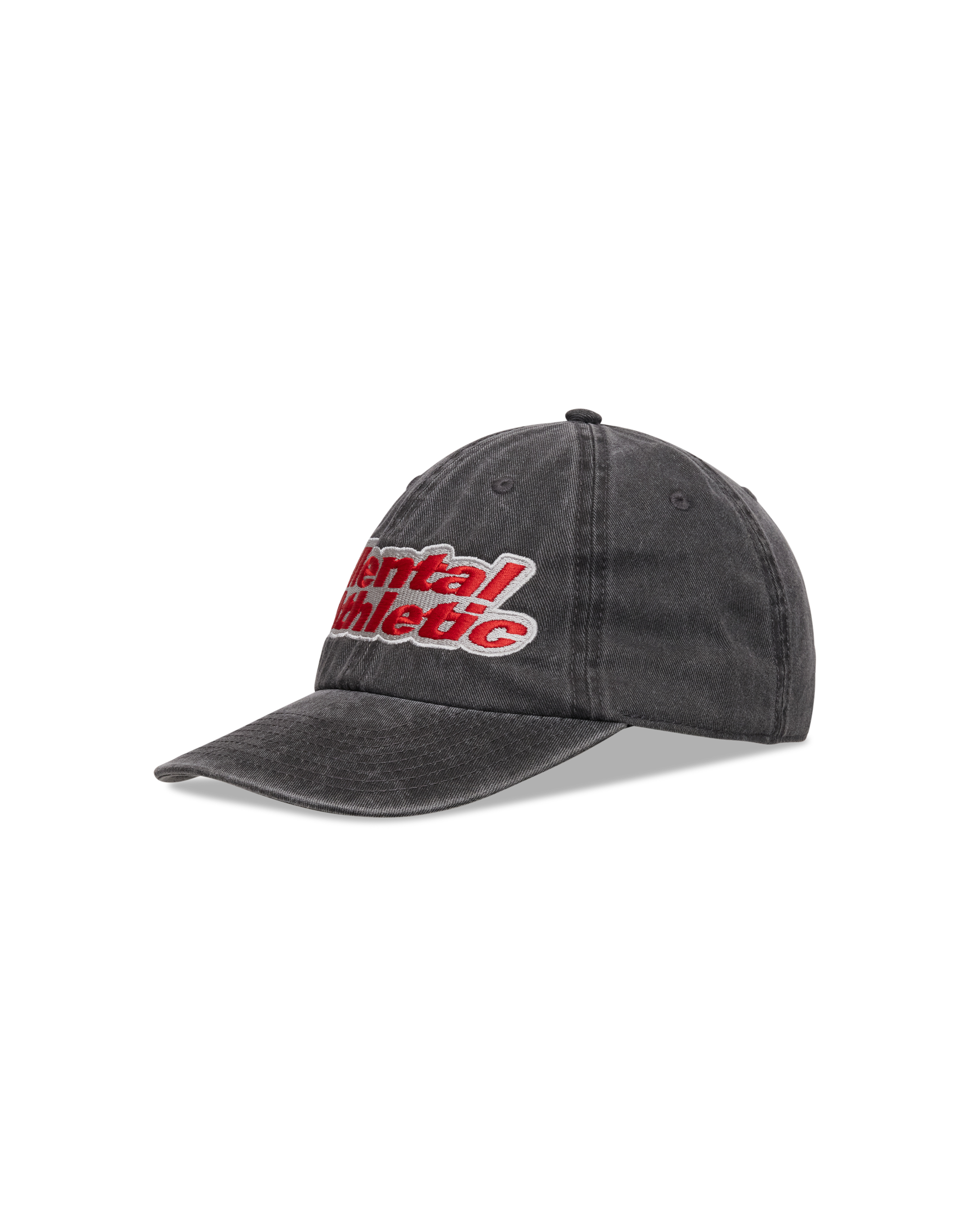 Mental Athletic washed black cotton cap with red logo embroidery, angled front view.