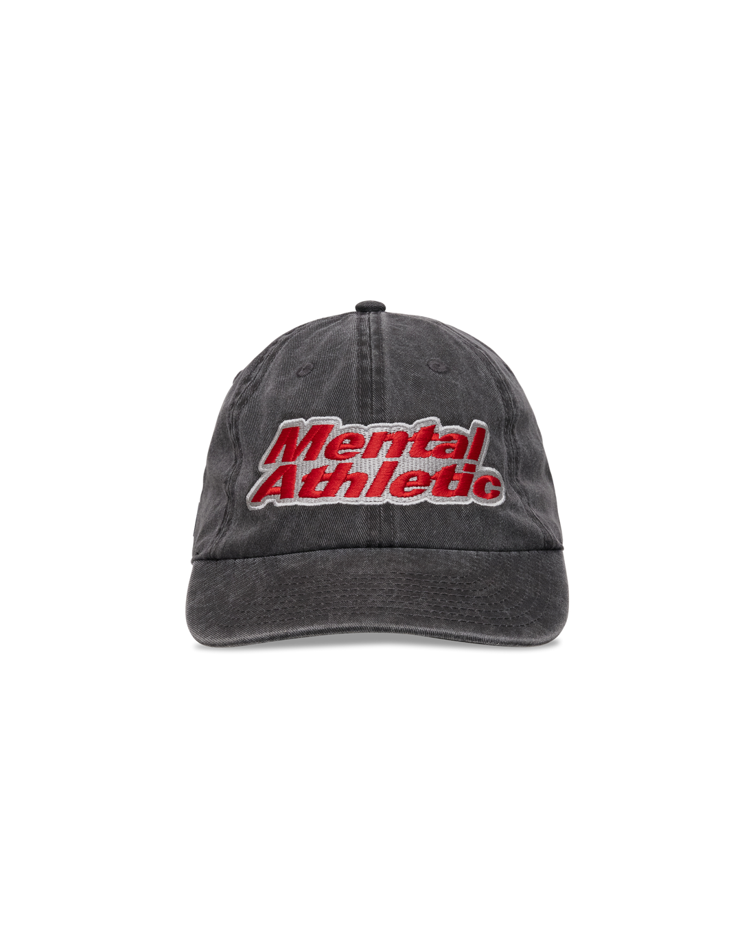 Mental Athletic washed black cotton cap with red embroidered logo, front view.