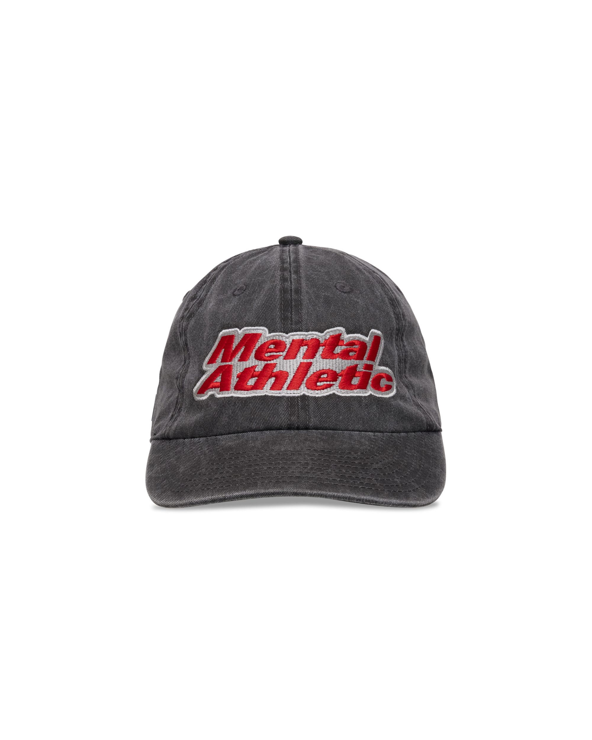 Mental Athletic washed black cotton cap with red embroidered logo, front view.