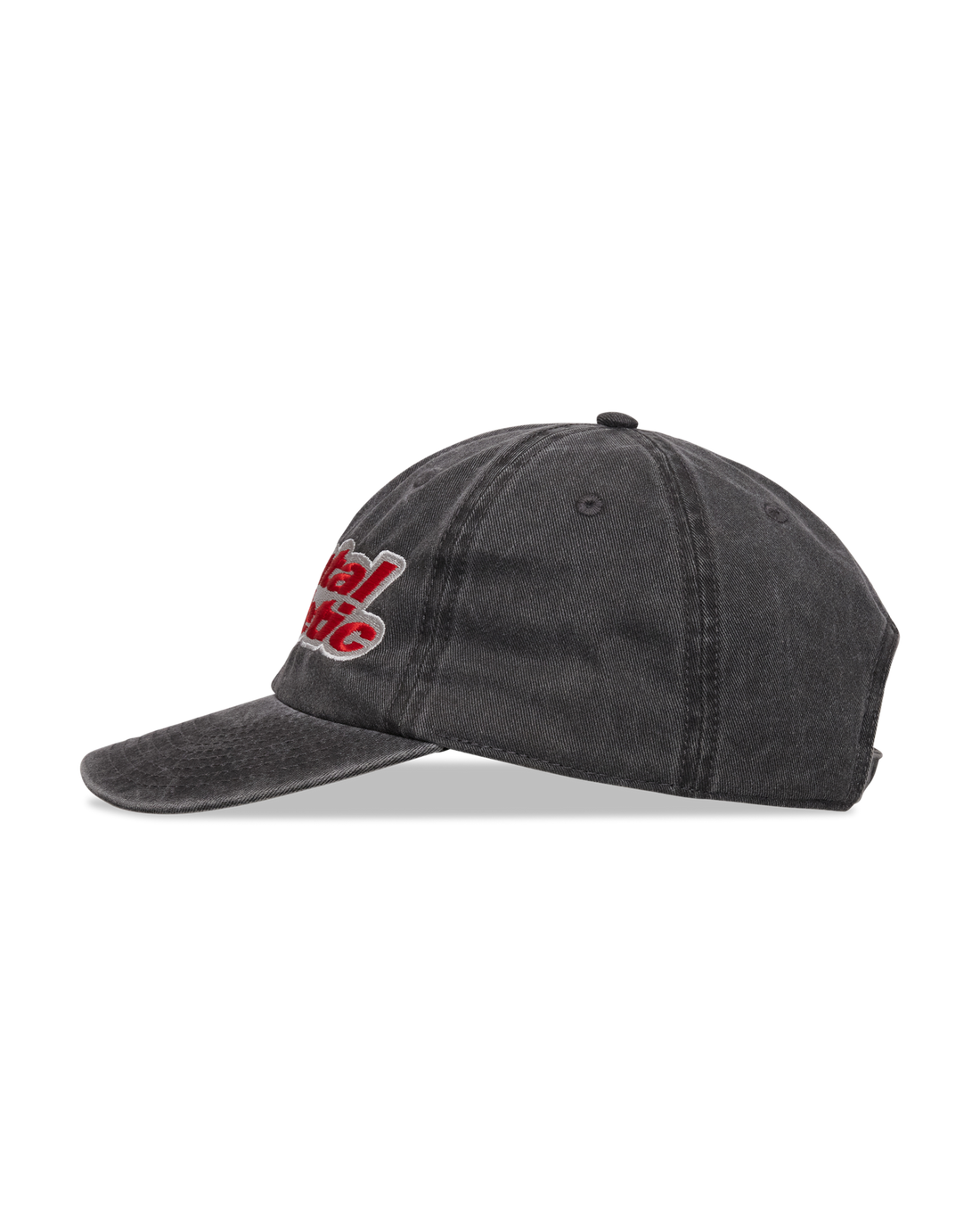 Mental Athletic washed black cotton cap, side profile view.