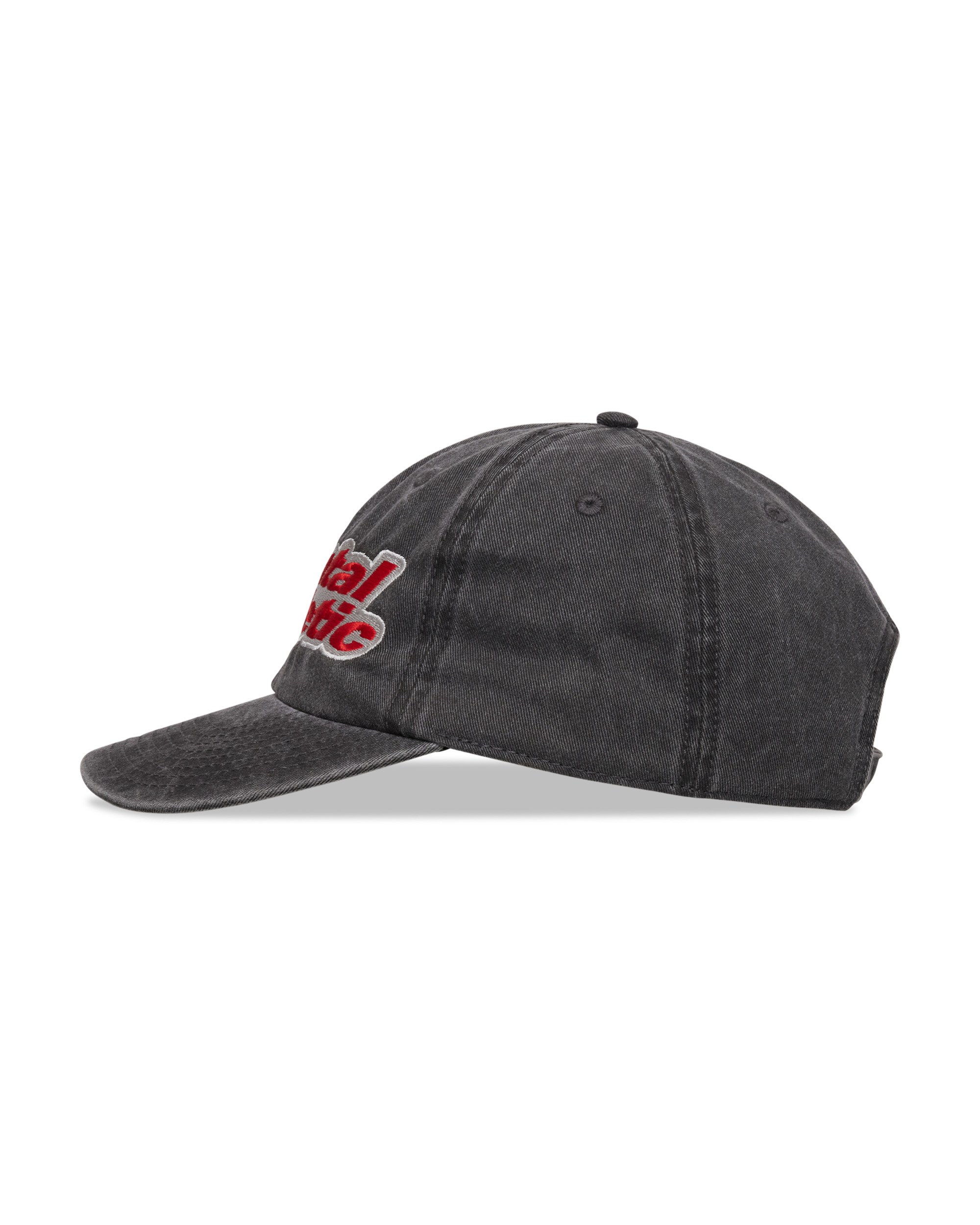 Mental Athletic washed black cotton cap, side profile view.