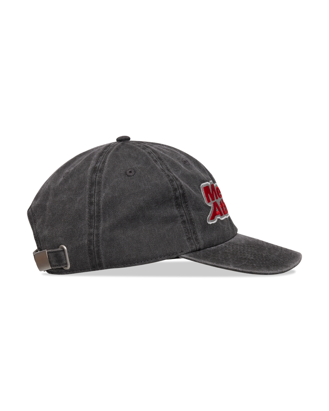 Mental Athletic washed black cotton cap, side detail with red embroidered logo.