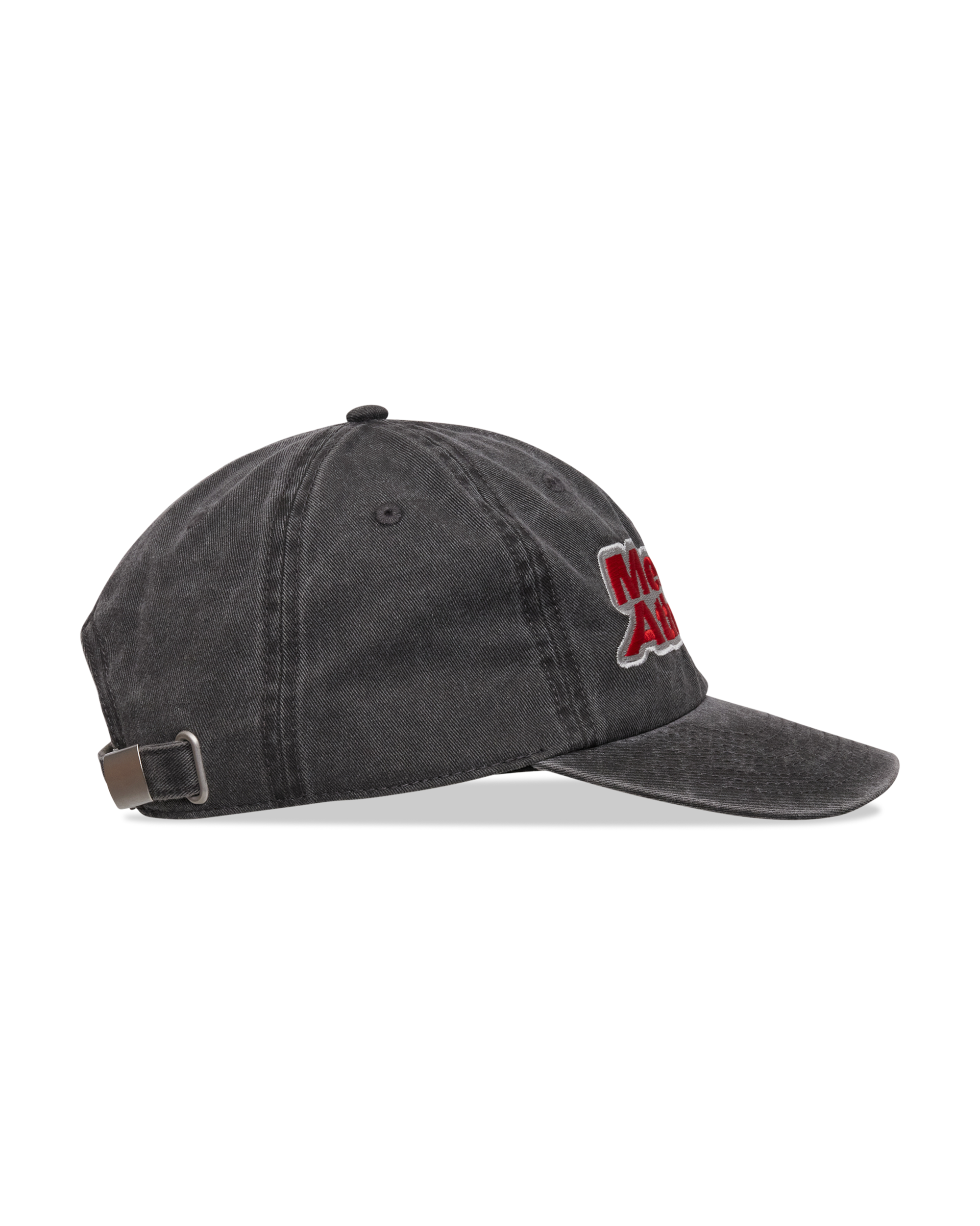 Mental Athletic washed black cotton cap, side detail with red embroidered logo.