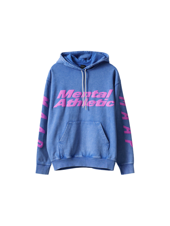 Mental Athletic x MAAP blue cotton hoodie with pink reflective logo graphics, full front view.