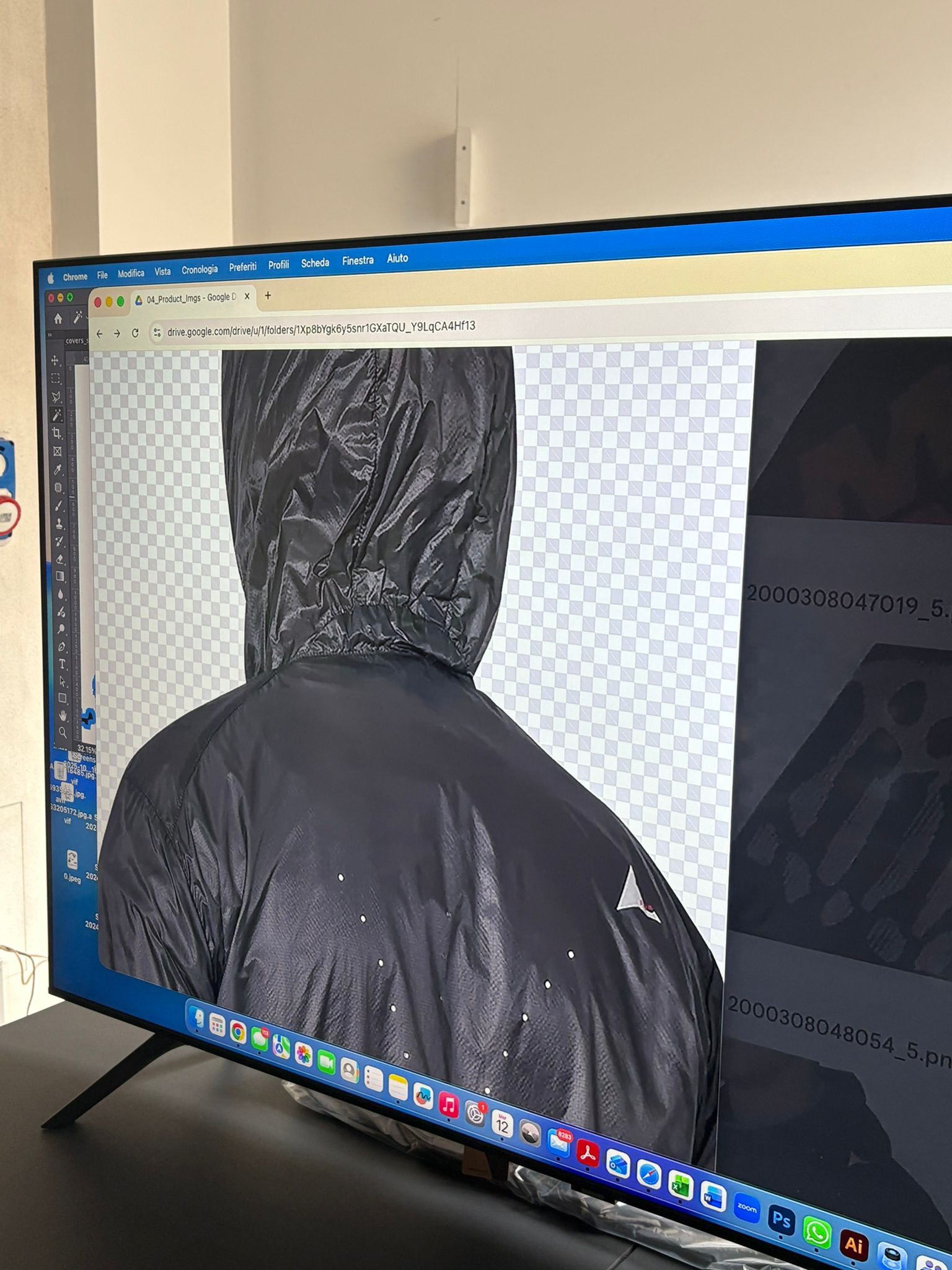 Close-up of the upper body with the hood worn, showing the neckline, zipper, and translucent fabric.