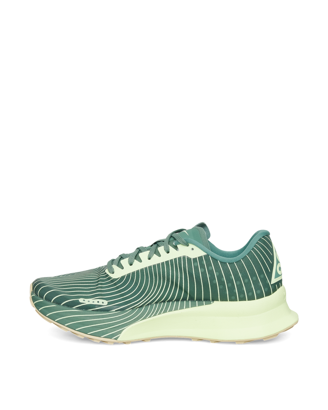 Medial view highlighting the linear design of the green ACG Ultrafly Trail SP upper.