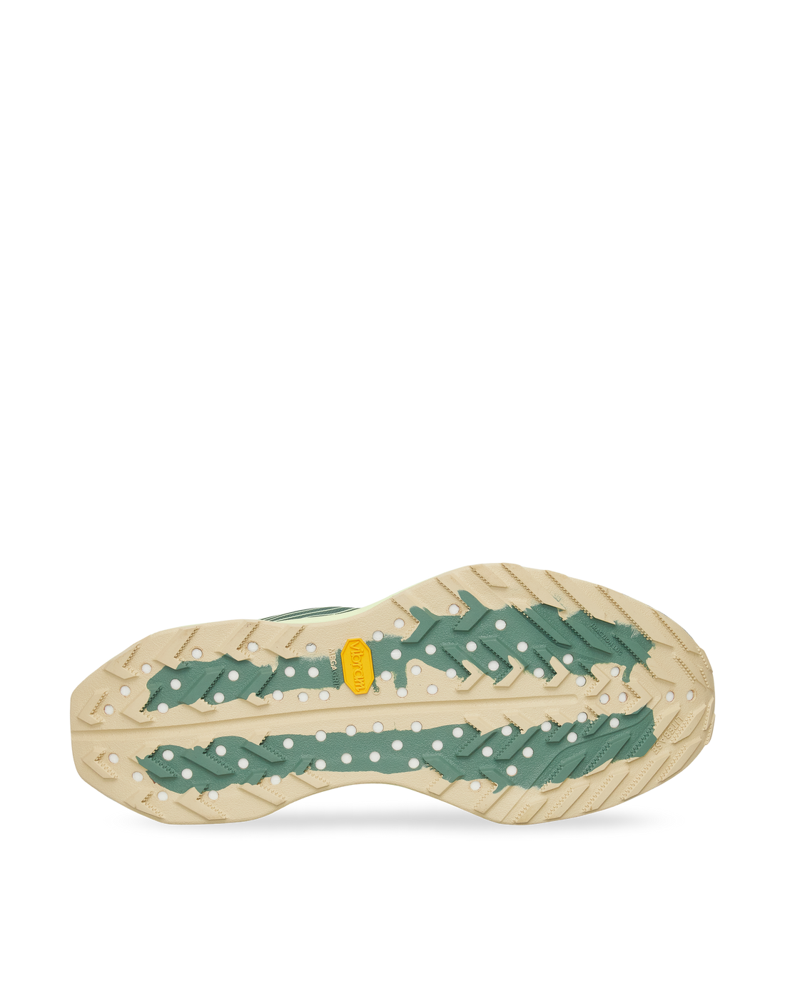 Detail of the green and beige Vibram® outsole on the ACG Ultrafly Trail SP.