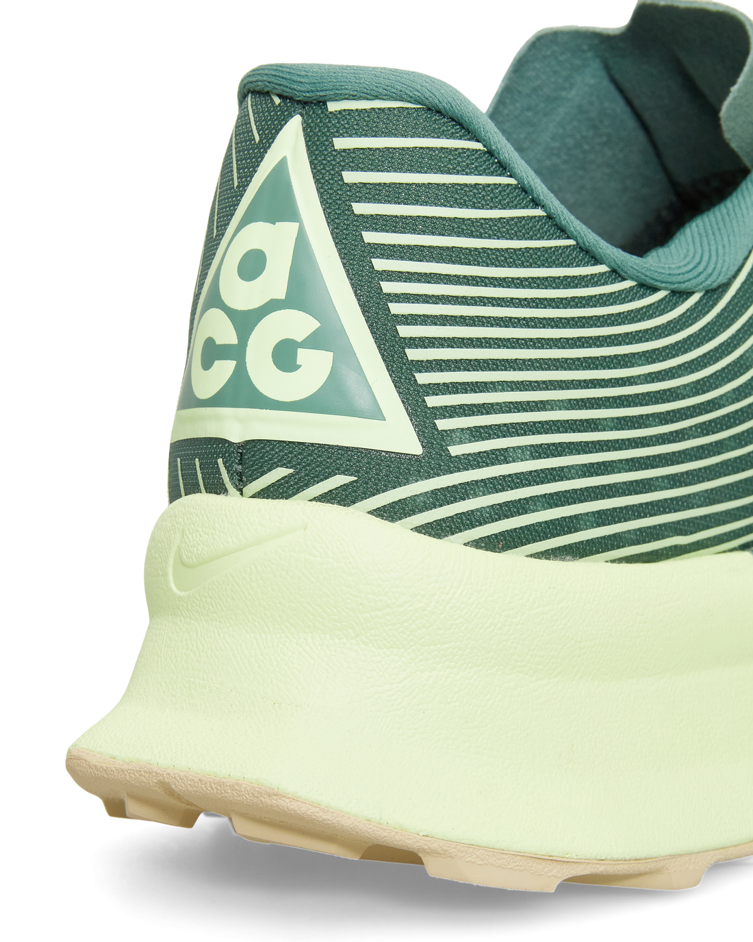 Close-up of the ACG Ultrafly Trail SP heel with ACG logo and lime ZoomX foam.
