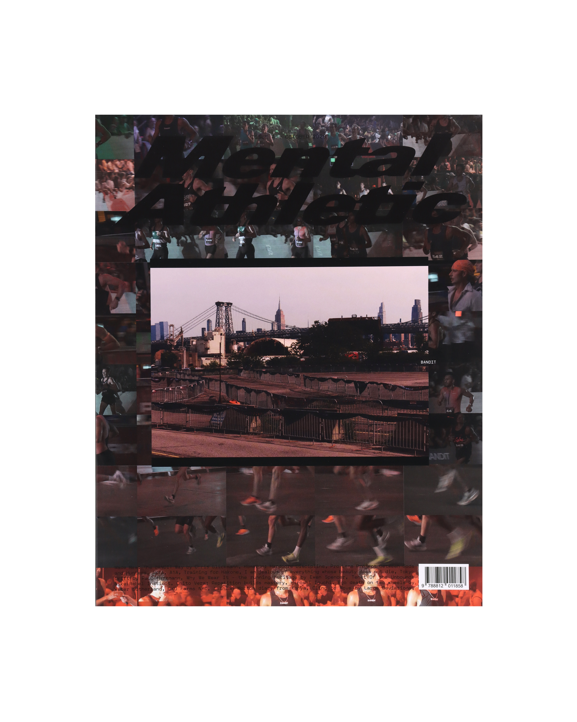Mental Athletic Issue 4 magazine featuring Bandit cover — collage composition of running scenes and urban landscape.
