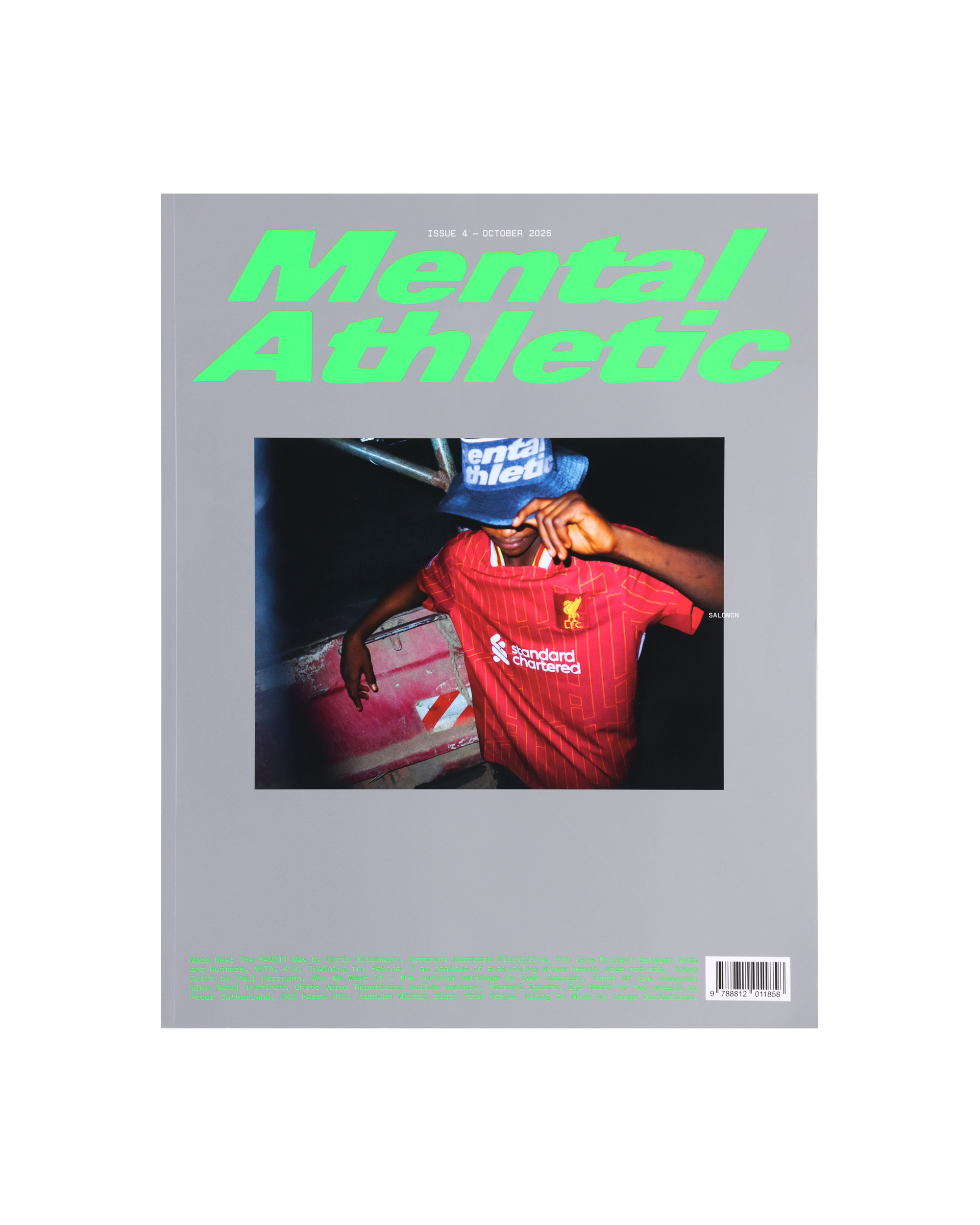 Mental Athletic Issue 4 magazine featuring Salomon cover — close-up portrait in red athletic gear under soft light.