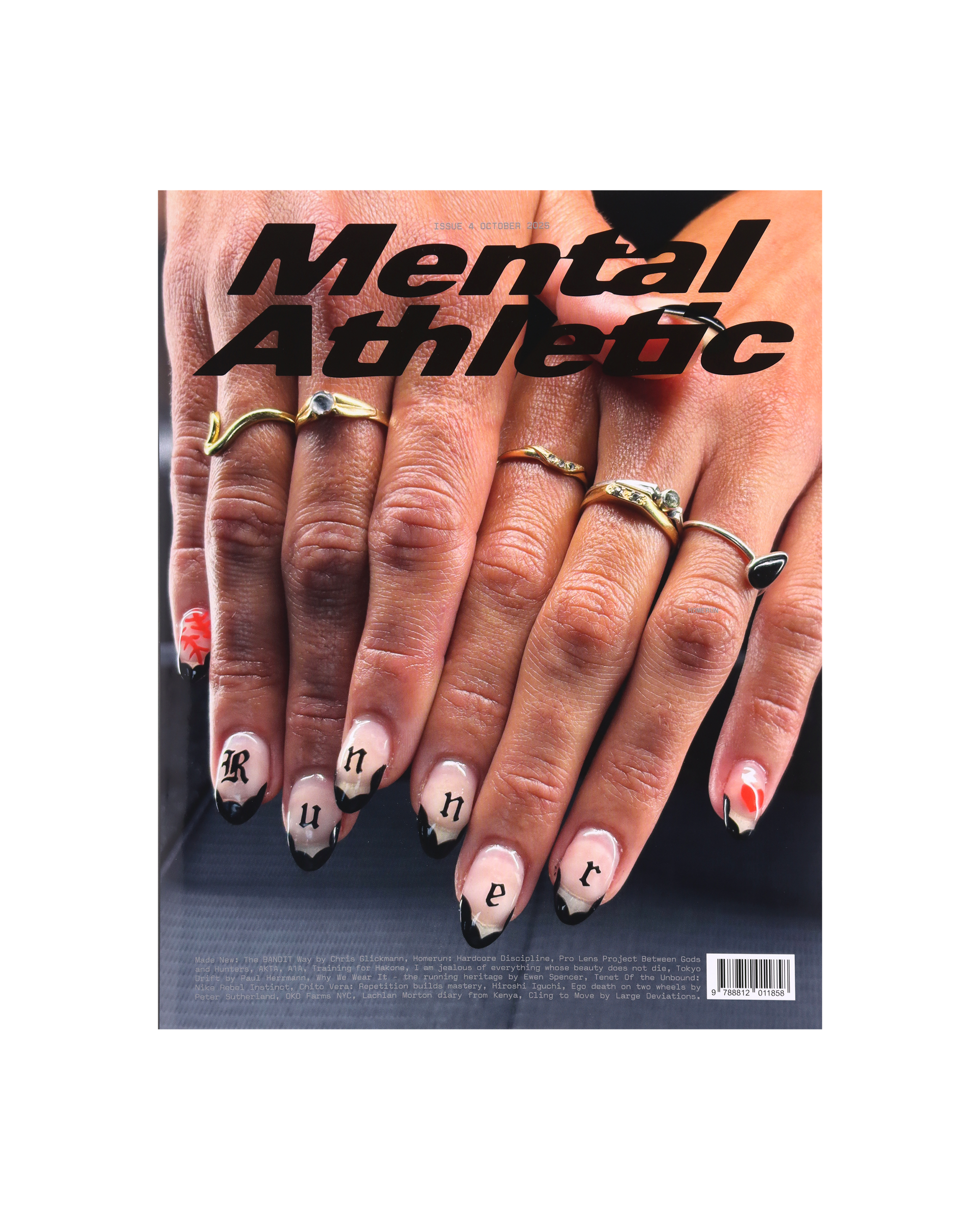 Mental Athletic Issue 4 magazine with Homerun cover — close-up of hands with black nail design and silver rings.