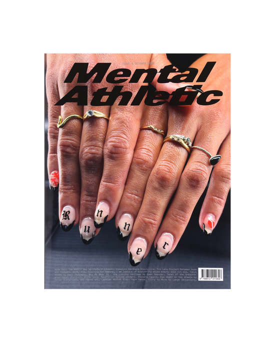 Mental Athletic Issue 4 magazine with Homerun cover — close-up of hands with black nail design and silver rings.