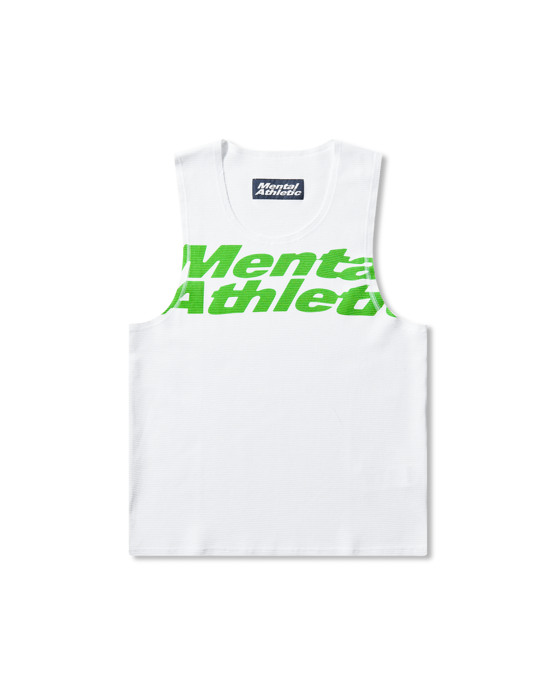 Mental Athletic white cotton tank top with green overlogo print, full front view.