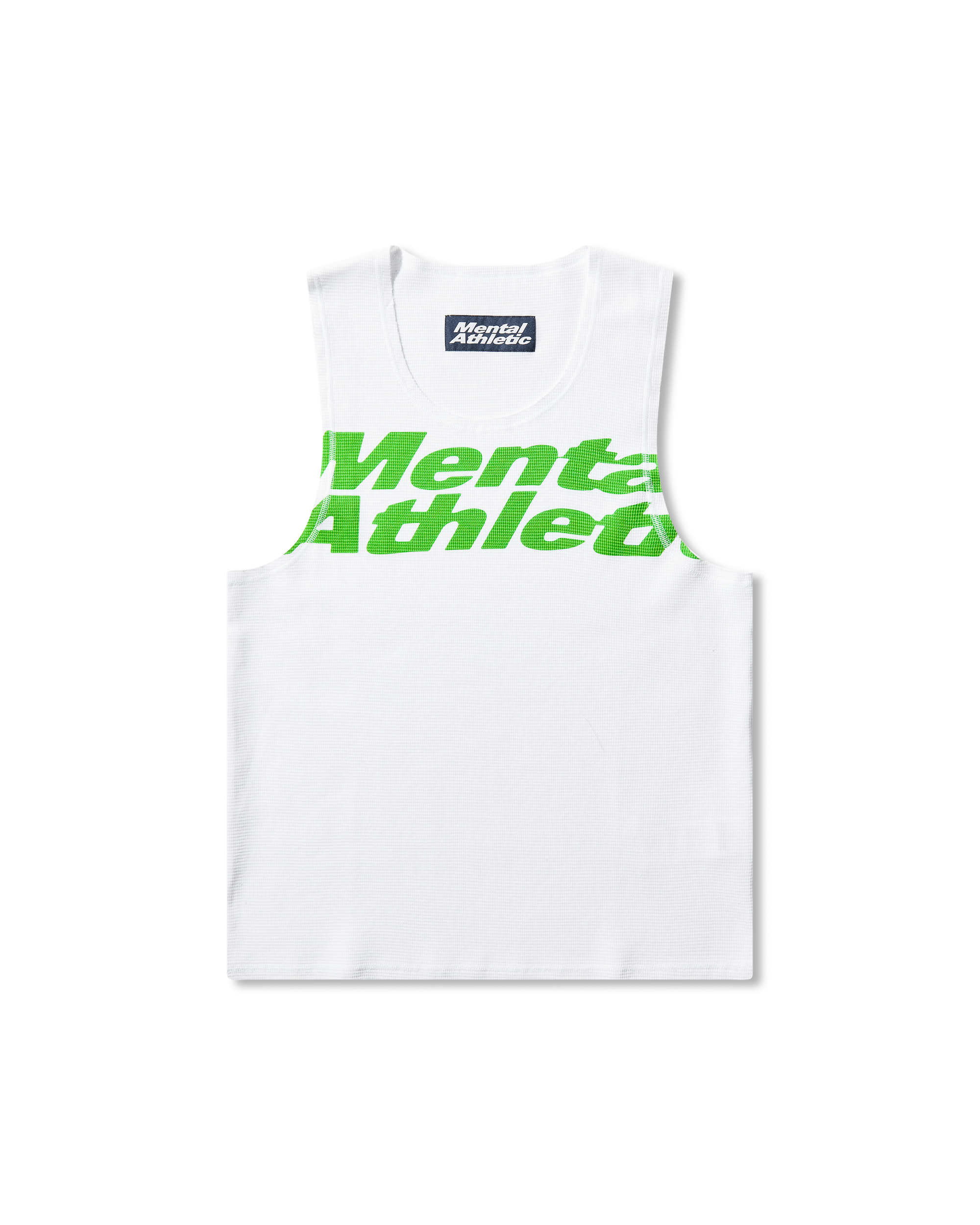 Mental Athletic white cotton tank top with green overlogo print, full front view.