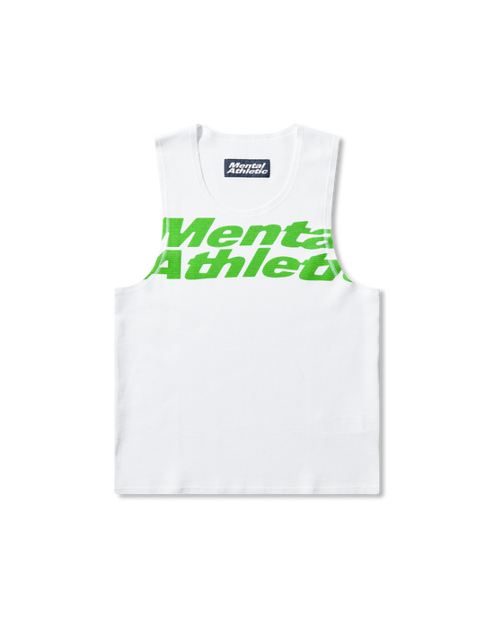 Mental Athletic white cotton tank top with green overlogo print, full front view.