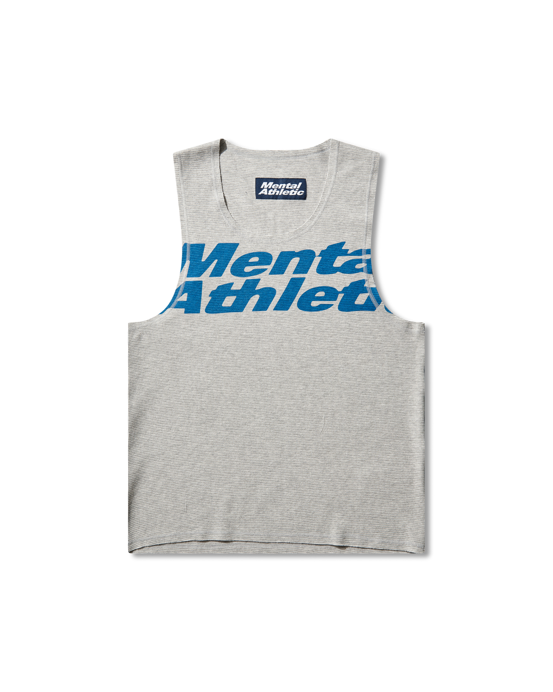Mental Athletic grey cotton tank top with blue overlogo print, full front view.