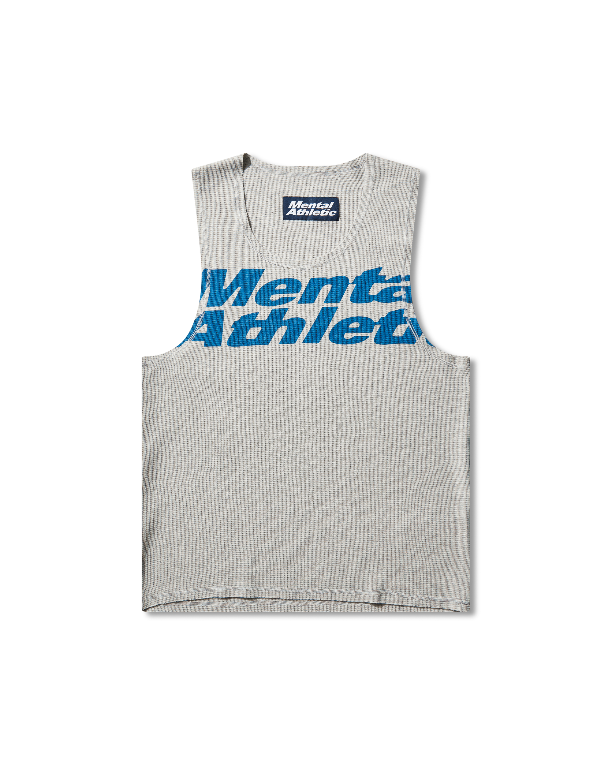Mental Athletic grey cotton tank top with blue overlogo print, full front view.
