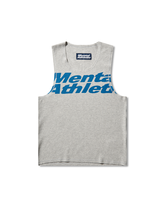 Mental Athletic grey cotton tank top with blue overlogo print, full front view.