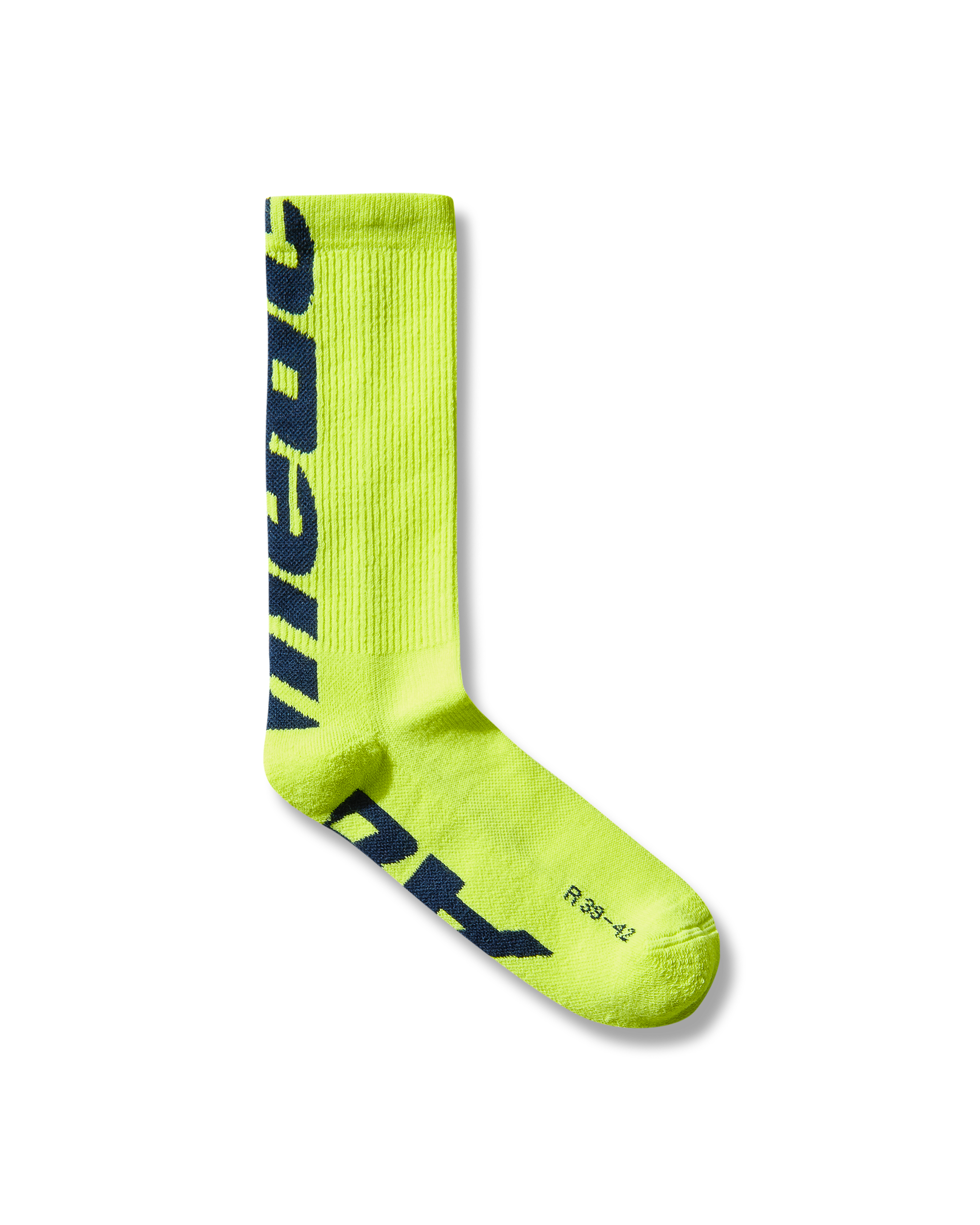 Mental Athletic neon yellow wool-blend socks with oversized woven logo, full view.