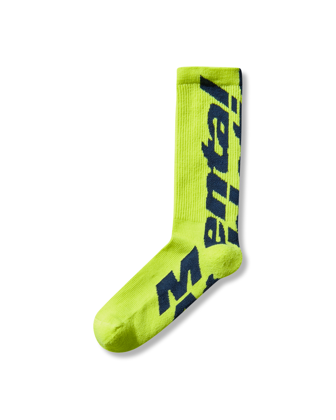 Mental Athletic neon yellow wool-blend socks with logo detail, angled view.