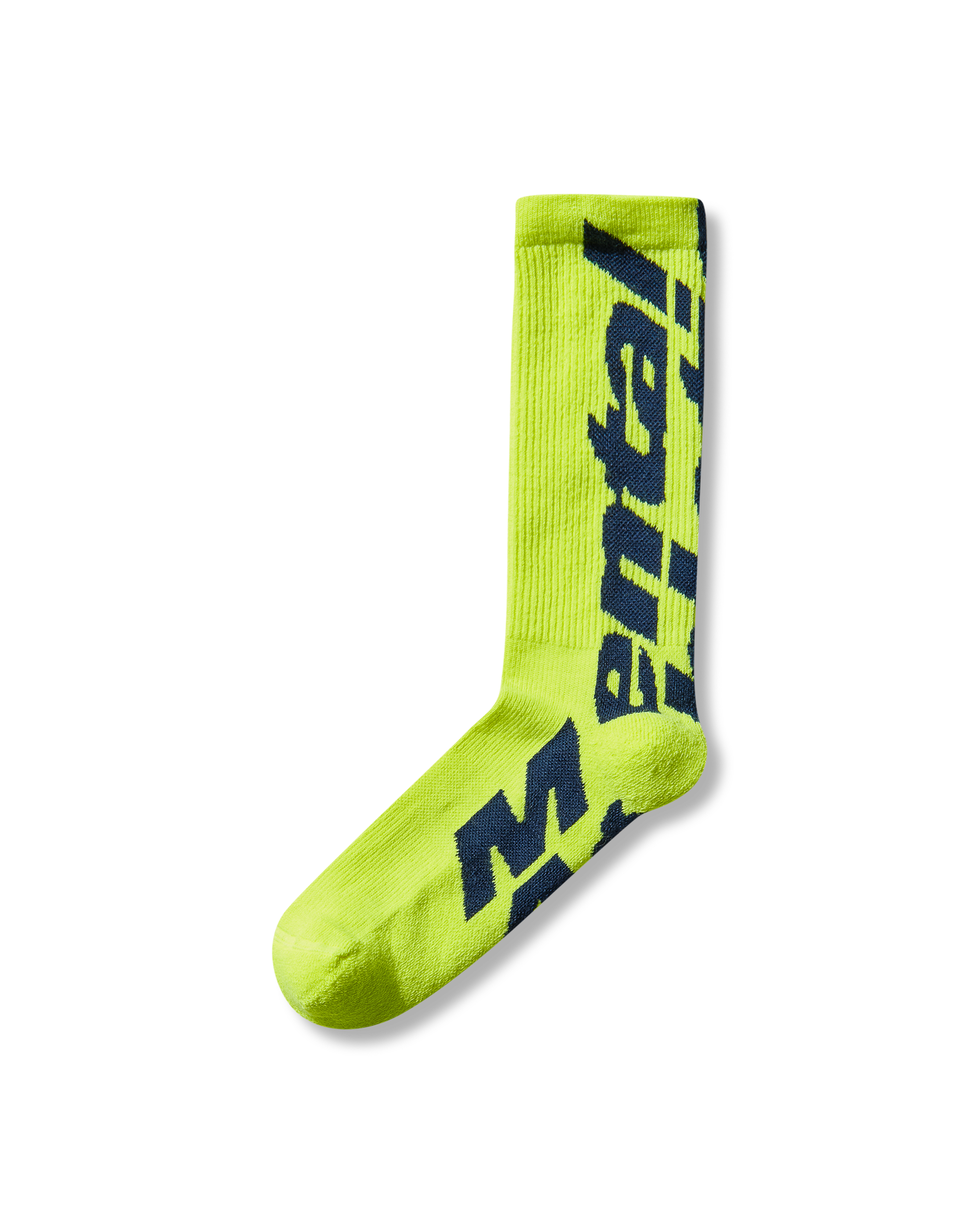 Mental Athletic neon yellow wool-blend socks with logo detail, angled view.