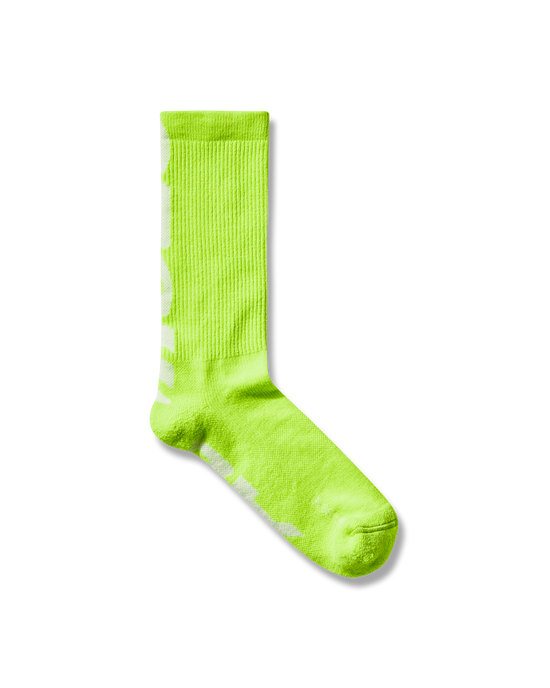 Mental Athletic neon lime wool-blend socks with oversized woven logo, full view.
