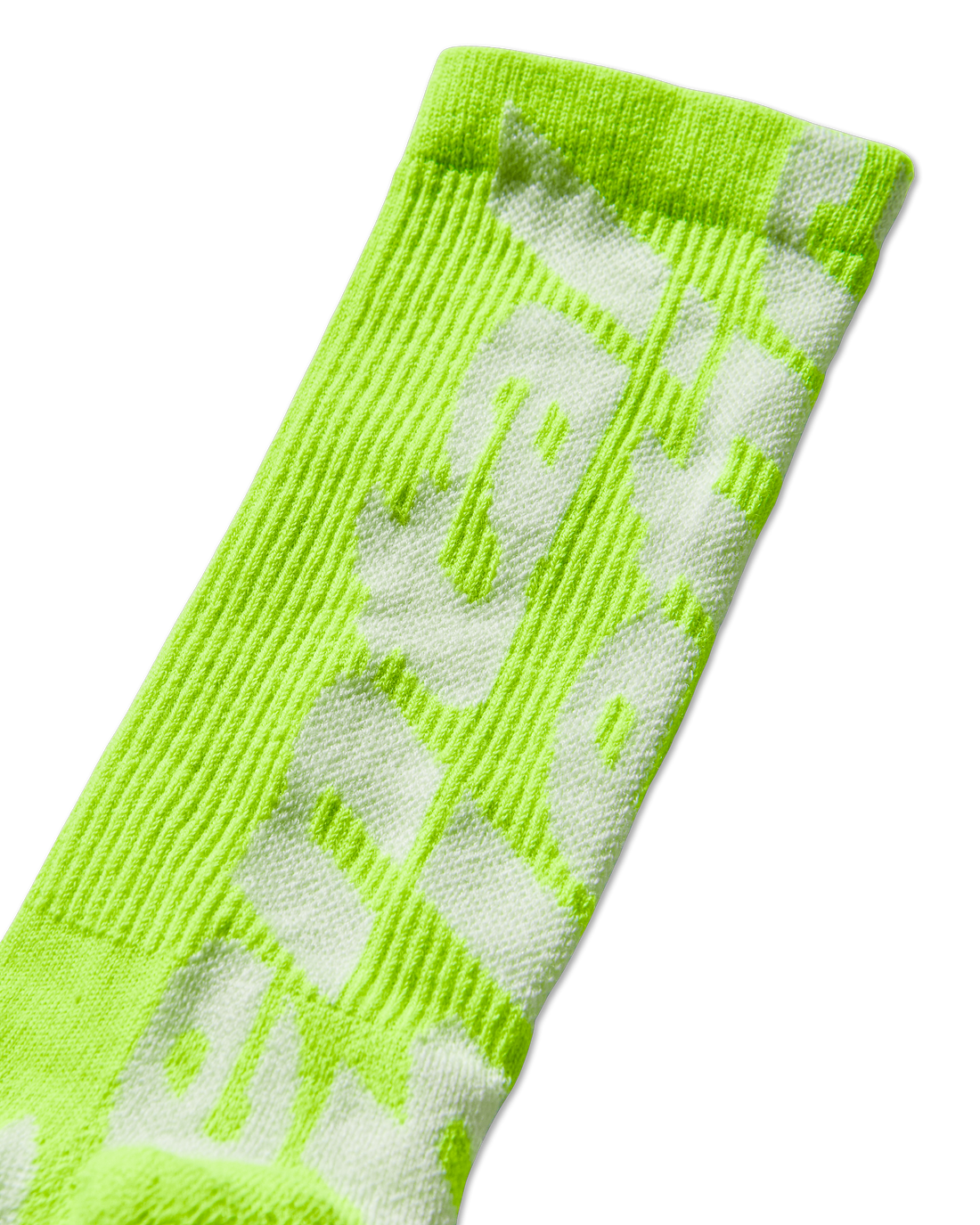 Mental Athletic neon lime wool-blend socks detail of oversized woven logo on leg.
