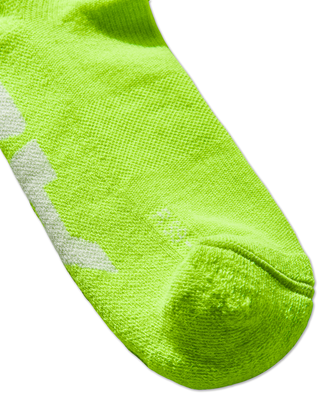 Mental Athletic neon lime wool-blend socks close-up of toe and knit texture.
