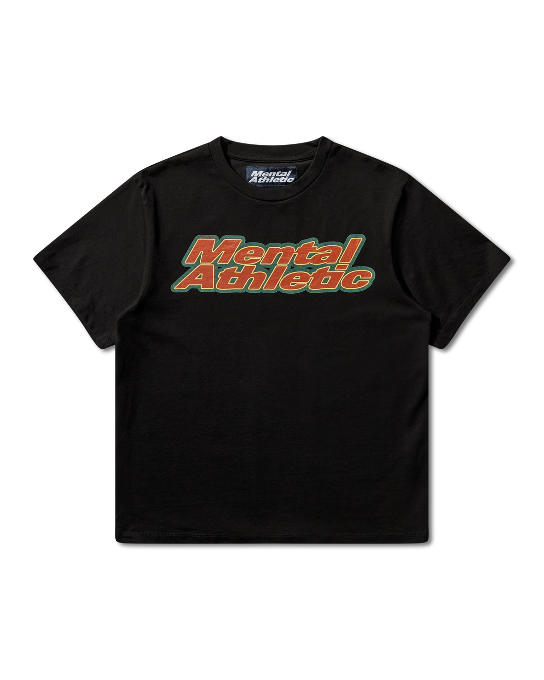 Mental Athletic x AFE black t-shirt with orange and green box logo print on chest, full front view.