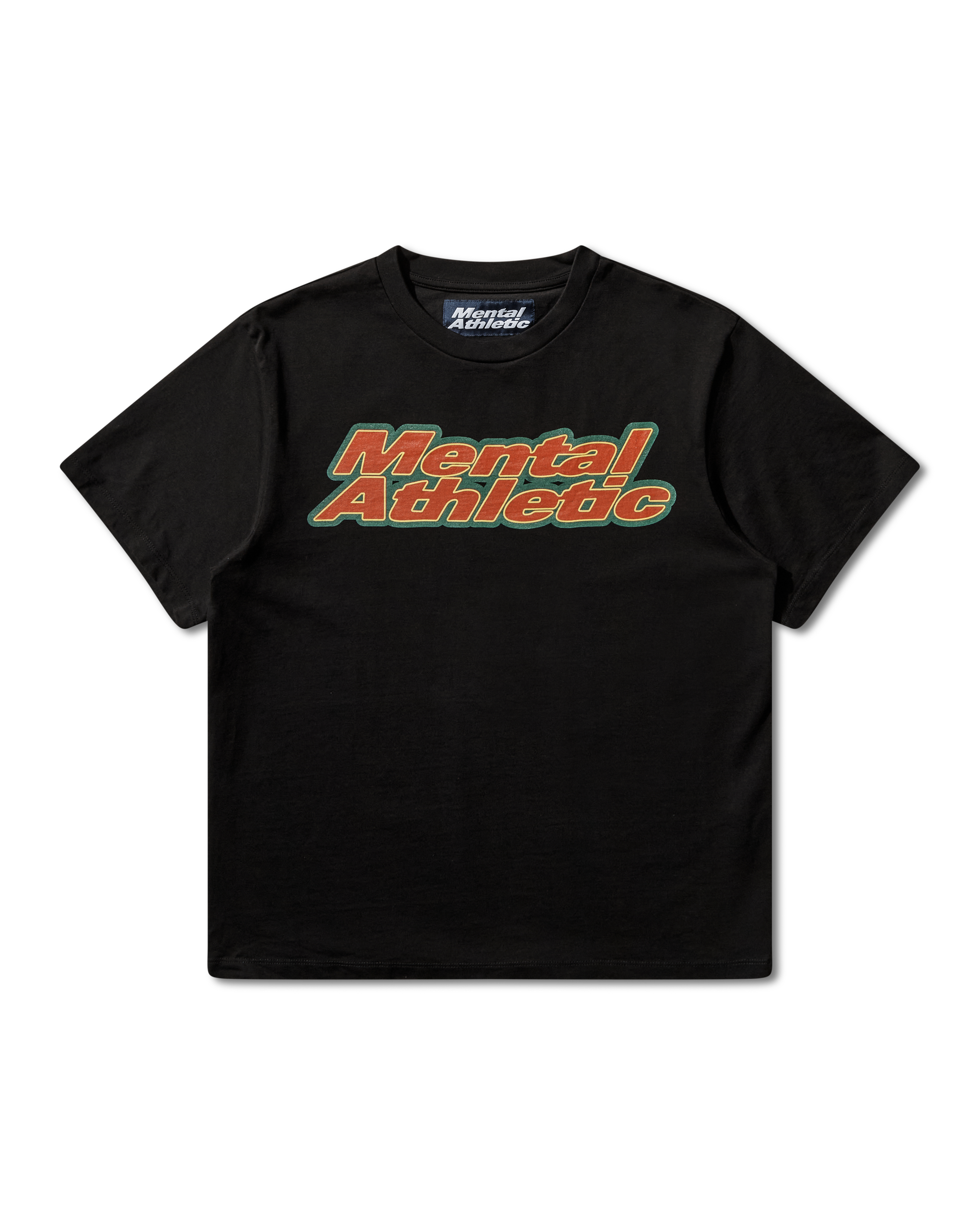 Mental Athletic x AFE black t-shirt with orange and green box logo print on chest, full front view.