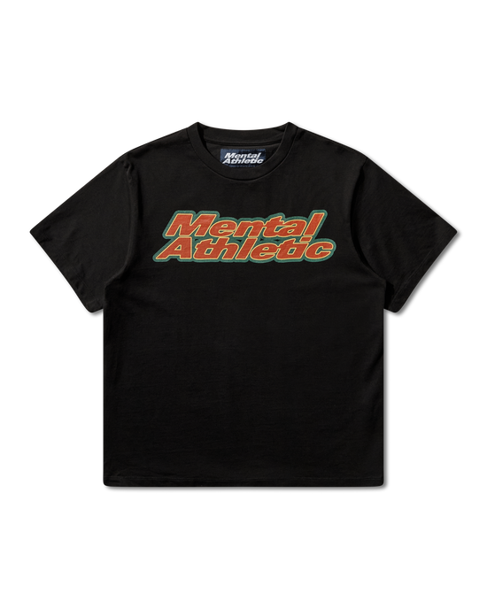 Mental Athletic x AFE black t-shirt with orange and green box logo print on chest, full front view.