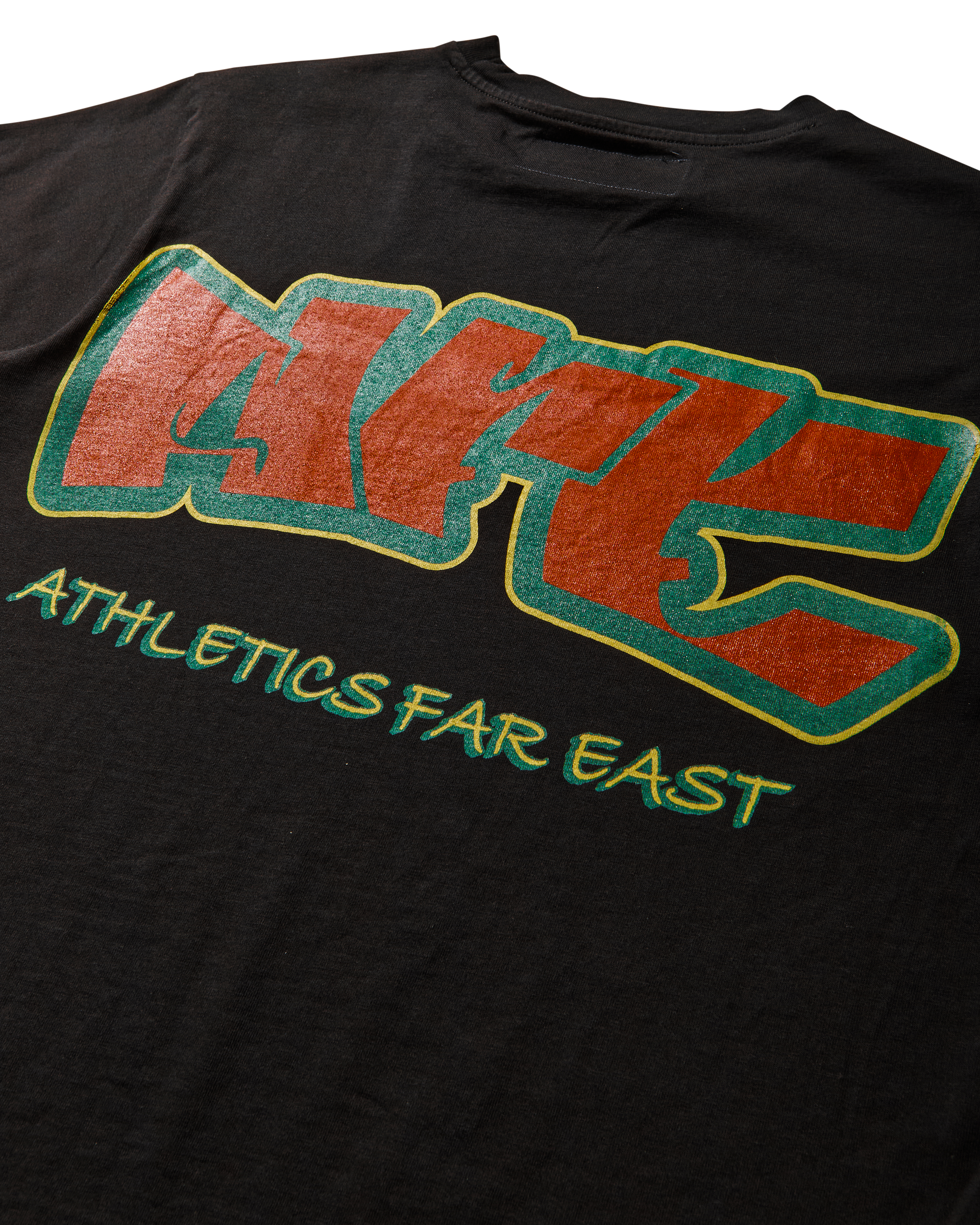Mental Athletic x AFE black t-shirt back view with large “Athletics Far East” graphic print.