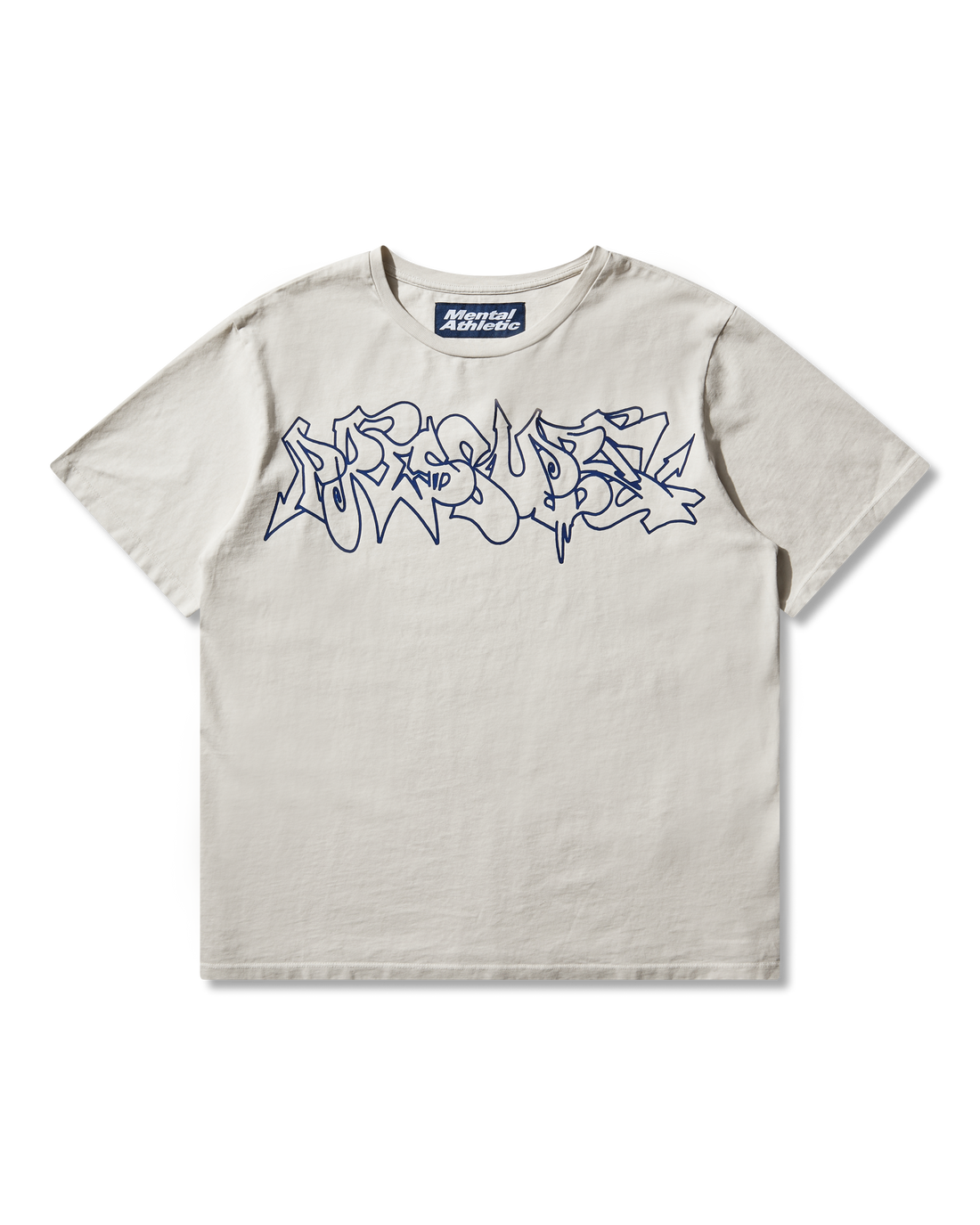 Mental Athletic x Pressure off-white t-shirt with blue graffiti-style logo print on chest, full front view.