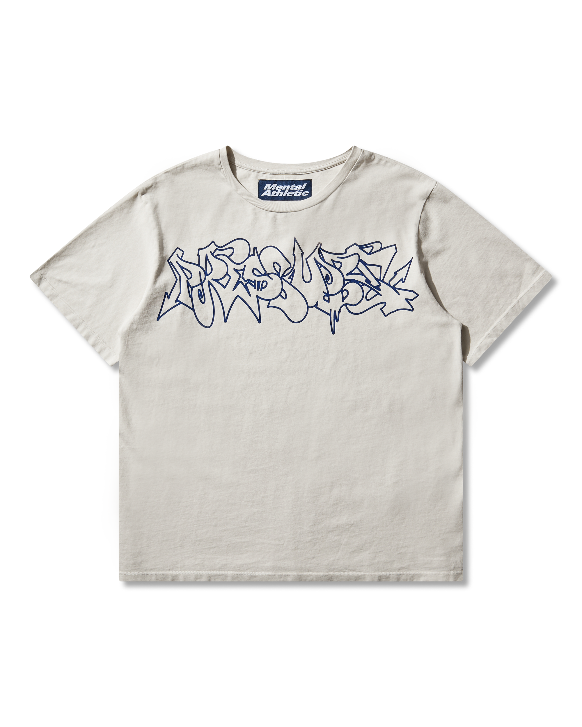 Mental Athletic x Pressure off-white t-shirt with blue graffiti-style logo print on chest, full front view.