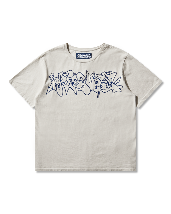 Mental Athletic x Pressure off-white t-shirt with blue graffiti-style logo print on chest, full front view.